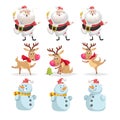 Cute cartoon Christmas characters set. Different poses and situations of Santa Claus, reindeer and snowman. Cheerful mascots. Royalty Free Stock Photo