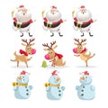 Cute cartoon Christmas characters set. Different poses and situations of Santa Claus, reindeer and snowman. Cheerful mascots.