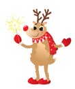 Cute cartoon Christmas deer with scarf and sparkler vector illustration isolated on white background