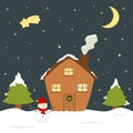 Cute cartoon christmas eve holiday house winter snow, snowman and pine tree gift card illustration