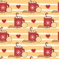 Cute cartoon christmas hot cocoa mug vector illustration with cinnamon, orange slice and marshmallows seamless vector pattern bac