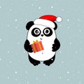 Cute cartoon Christmas panda in Santa hat with present. Funny character for your cards, poster design.