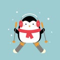 A cute cartoon Christmas penguin winter skiing Royalty Free Stock Photo