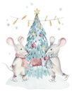 Cute funny cartoon christmas mouse christmas card. Watercolor hand drawn rat animal illustration. New Year 2020 holiday Royalty Free Stock Photo