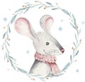 Cute funny cartoon christmas mouse christmas card. Watercolor hand drawn rat animal illustration. New Year 2020 holiday Royalty Free Stock Photo