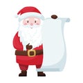 A cute cartoon Christmas Santa in a red suit and hat holds an unfolded scroll, a papyrus with an empty space for the text.