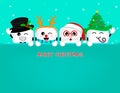 Cute cartoon Christmas tooth holding blank advertisement banner background with copy space. Royalty Free Stock Photo