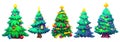 Cute cartoon christmas trees in a row decorated with corolful balls, lights and ribbons isolated on white background, set of Royalty Free Stock Photo