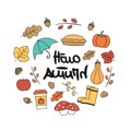 Cute cartoon circle template with hand drawn lettering hello autumn text, acorns, umbrella, rubber, apple, pie, pumpkin, chestnuts