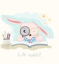 Cute cartoon clever little rabbit reading book. Hand drawn style