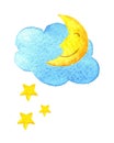 Cute cartoon cloud, stars and smiling moon. Hand drawn watercolor illustration. Water-color painted drawing.