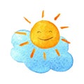 Cute cartoon cloud and sunshine. Hand drawn watercolor illustration smiling sun. Royalty Free Stock Photo