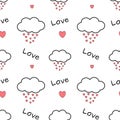 Cute cartoon clouds drops hearts lovely romantic seamless pattern background illustration