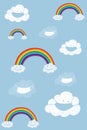 Cute cartoon Clouds wearing medical face mask and Rainbow flying on blue sky background. Illustration for kids boy and girl,Social Royalty Free Stock Photo