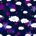 Cute Cartoon Clounds And Stars Vector Pattern Seamless