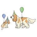 Cute cartoon cocker spaniel dog and puppy with party hat vector clipart. Pedigree kennel dog lovers. Purebred domestic