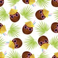 Cute cartoon coconuts and palm leaves. Seamless pattern on white. Vector. Perfect for design templates, wallpaper, wrapping,