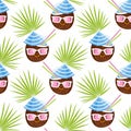 Cute cartoon coconuts and palm leaves. Seamless pattern on white. Vector. Perfect for design templates, wallpaper, wrapping,