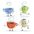 Cute cartoon coffee mug and cups characters set. Coffee time concepts. Jumping, running, giving thumb up poses.