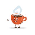 Cute cartoon coffee red cup character. Humanized mug with hot beverage. Morning breakfast mascot. Strong taste hot drink with stea