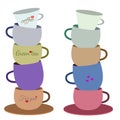 Cute cartoon collection with mug pyramid on light background for concept design. Food vector collection. Cup / mug. Wonderland mad Royalty Free Stock Photo