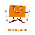 Cute cartoon Colorado state character clipart. Illustrated map of state of Colorado of USA with state name. Funny character design