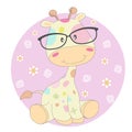 Cute cartoon colored giraffe in sunglasses. Greeting card.