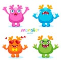 Cute Cartoon Colorful Monsters Emotions, Happy, Angry, Crying And Love.