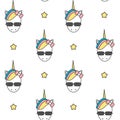 Cute cartoon colorful unicorn head with sunglasses seamless pattern background illustration