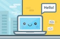 Cute cartoon computer saying Hello. Communication concept, online messaging. Flat design vector illustration of modern Royalty Free Stock Photo