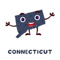 Cute cartoon Connecticut state character clipart. Illustrated map of state of Connecticut of USA with state name. Funny character