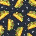 Cute cartoon contrast vector mexican tacos background. Nice bright fastfood pattern for textile, cafe and restaurant