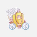 Cute cartoon cool brougham vector illustration with rabbit and Give a ride lettering. Gold princess brougham, magic