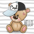 Cartoon Cool Teddy Bear with a pink cap on striped background