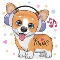 Cute cartoon Corgi Dog with headphones