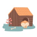 Cute cartoon corgi sitting in the doghouse with his back outside. Booty of a dog in the form of a heart in wooden kennel