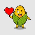 Cute cartoon corn character holding big red heart