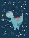 Cute cartoon cosmo little dinosaur - vector illustration. Cute simple dino night sky, stars -Great for designing baby clothes