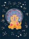 Cute cartoon cosmo little dinosaur - vector illustration. Cute simple dino night sky, stars -Great for designing baby clothes