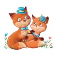 Cute cartoon couple of foxes boy and girl with flowers