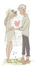 Cute cartoon couple with pregnant woman