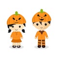 Cute cartoon couple standing wear a pumpkin hat on halloween night, character boy girl, vector illustration Royalty Free Stock Photo