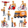 Cute cartoon courier vector characters with delivery box. Delivery by drone, scooter, bicycle