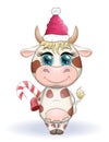 Cute cartoon cow, bull with Christmas candy and in a red Santa Claus hat, symbol 2021 on the eastern calendar Royalty Free Stock Photo