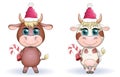 Cute cartoon cow, bull with Christmas candy and in a red Santa Claus hat, symbol 2021 on the eastern calendar Royalty Free Stock Photo