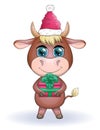 Cute cartoon cow, bull with a Christmas present and in a red santa claus hat, symbol 2021 on the eastern calendar Royalty Free Stock Photo