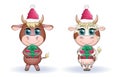 Cute cartoon cow, bull with a Christmas present and in a red santa claus hat, symbol 2021 on the eastern calendar Royalty Free Stock Photo