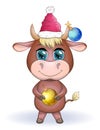 Cute cartoon cow, bull with a Christmas present and in a red santa claus hat, symbol 2021 on the eastern calendar Royalty Free Stock Photo