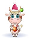 Cute cartoon cow, bull with a Christmas present and in a red santa claus hat, symbol 2021 on the eastern calendar Royalty Free Stock Photo