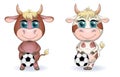 Cute cartoon cow, bull with a soccer ball, similarity between own points and hexagons of the ball, symbol of 2021